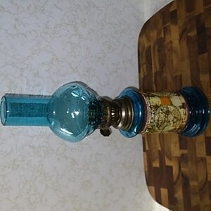 Antique blue glass oil lamp with furnace